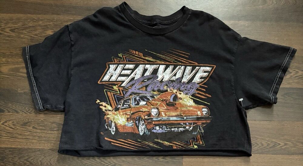 Vintage FULL TILT Heatwave Racing T-shirt Mens S Black Cotton Bottom Cut Tee